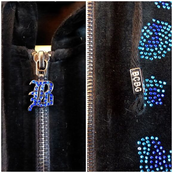 Vtg BCBGMAXAZRIA Y2K Velour Hoodie Track Jacket S Black Rhinestone Animal Spots - Picture 8 of 14